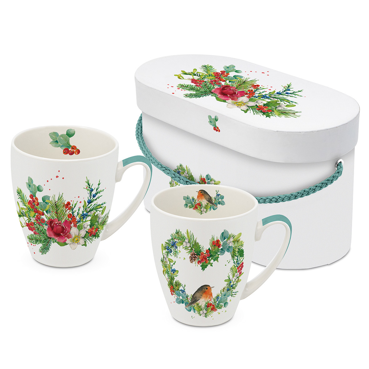 Robin Heart & Flora Christmas 2 Mug Set